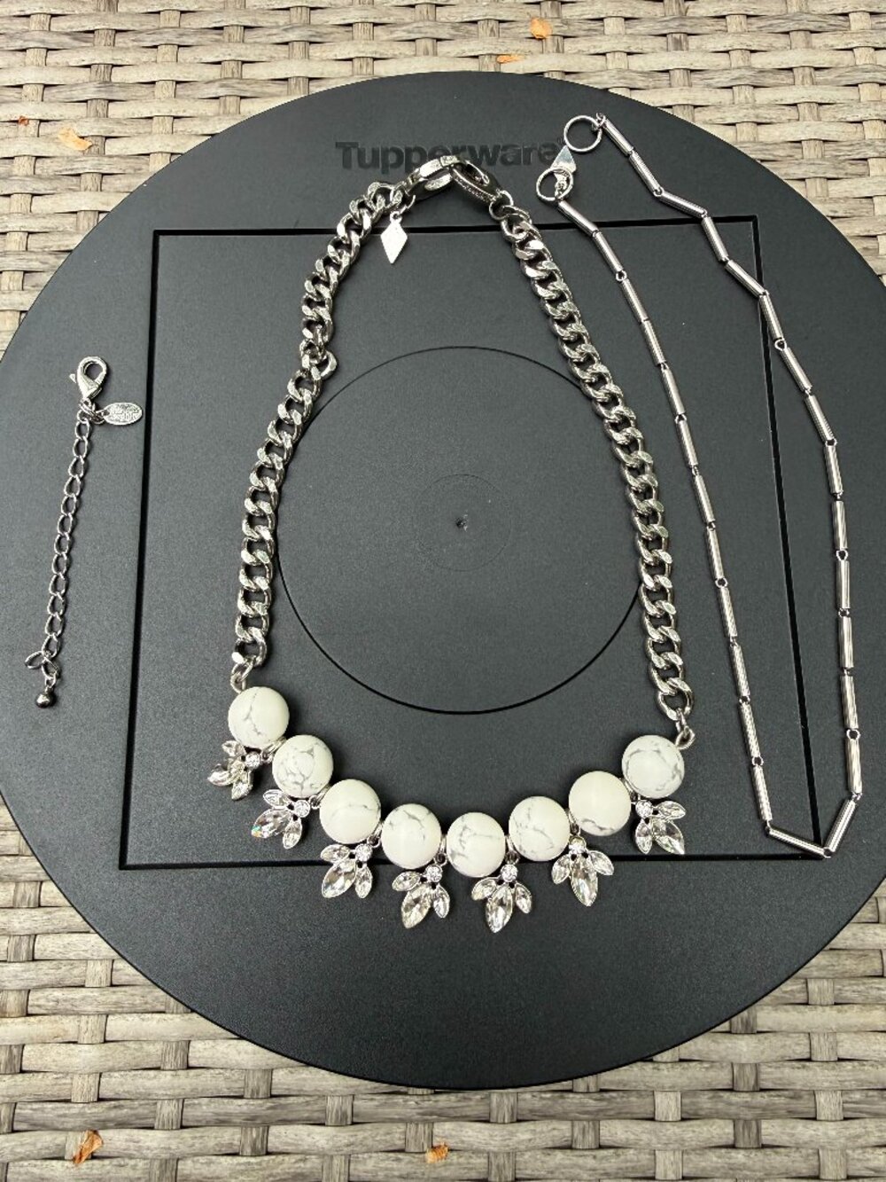 Lia Sophia Necklace Adornable U Silver White Marble Rhinestone Reversible